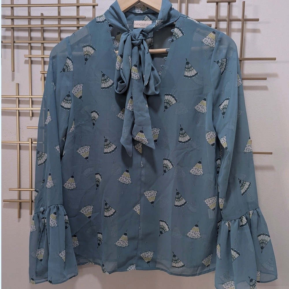 Blouse Blue Umbrella Print Tie Neck Ruffle Flare Cuff XS Whimsical Boho Office
